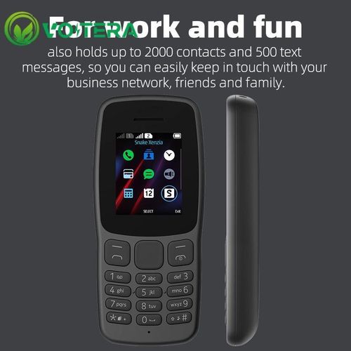 Téléphone, écran de 1,77 pouce, 4 Mo/4 Mo de RAM, batterie de 800 mAh, format monobloc, boutons, longue autonomie en veille, volume sonore élevé, double SIM double veille.