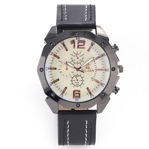Montre à quartz chronographe homme à boîtier octogonal, cadran blanc avec bracelet en cuir noir, style sport et affaires
