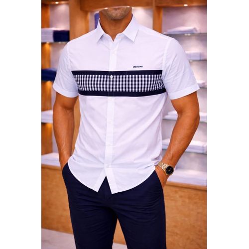 Chemise Homme à Manches Courtes Style Casual Chic avec Bandeau Horizontal à Carreaux Vichy