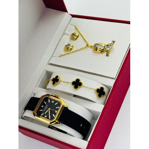 Coffret Bijoux Noir & Doré Intense – La montre carrée branchée et sa parure trèfle indémodable