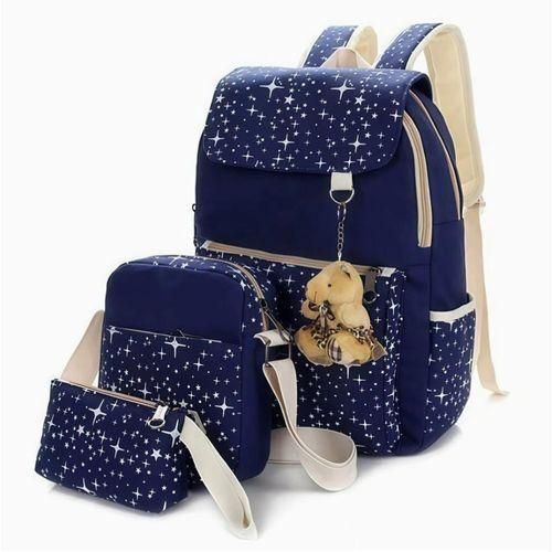 Ensemble de 3 pièces - grand sac à dos étudiant/collège pour fille avec pendentif ours (sac d'école + sac à bandoulière + trousse)