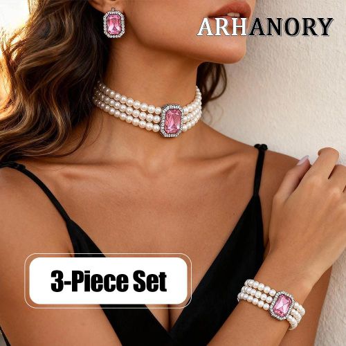 Ensemble de bijoux 3 pièces en perles imitation pour femme – Collier et bracelet ajustables cadeau mariage fête