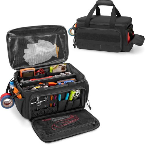 Sac à outils en tissu résistant à l'usure : doté d'une base anti-rayures et d'un design spacieux - Un indispensable de rangement polyvalent pour électriciens et techniciens de réparation (Noir)