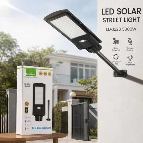 Lampadaire Solaire LED 5000W LEADDER LD-J223 Tout-En-Un – Éclairage Public & Jardin Autonome avec Support de Fixation, Détecteur de Présence & Télécommande