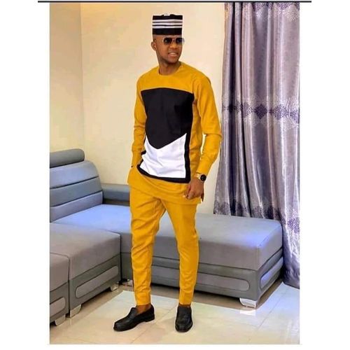 Ensemble Tunique Homme Manche Longue De Couleur Jaune