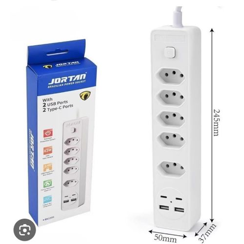 Rallonge électrique avec 5 prises, 2 ports USB et 2 ports USB Type-C, longueur du câble 2 m, indicateur LED