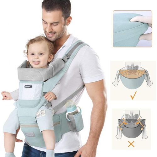 Porte-bébé avec assise sur la hanche, position ergonomique en M, convient aux nouveau-nés et aux tout-petits, repose-tête et filet respirant, porte-bébé 6 en 1 ajustable et amovible (3-20 kg) pour maman et papa, bleu ciel