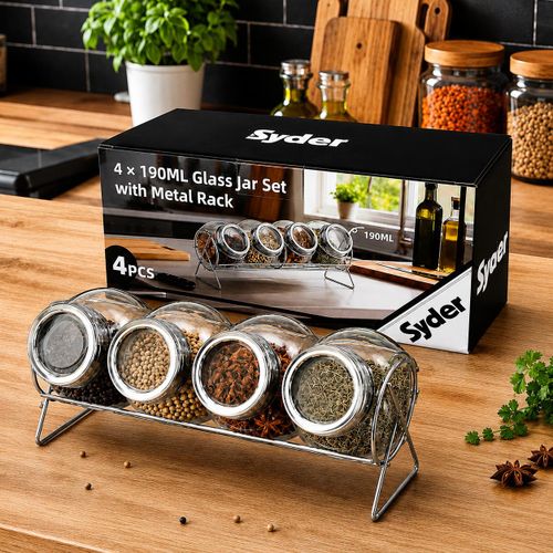 Bocaux à Épices en Verre 190 ml avec Support Métallique – Organisateur à Épices Moderne pour Cuisine – Pots de Rangement pour Herbes et Condiments