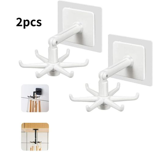 Crochet Rotatif Mural, Support Pivotant 360°, Porte-Serviette & Accessoires de Cuisine et Salle de Bain Ajustable, Support Robuste avec 6 Crochets, Adhésif