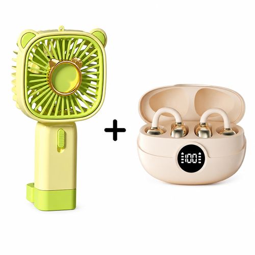 Ventilateur Portable Rechargeable + Écouteurs Bluetooth Sans Fil LED