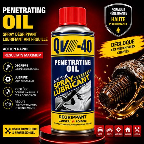 QV-40 Spray Dégrippant Lubrifiant Anti-Rouille – Huile Pénétrante pour Auto, Moto, Machines et Outils
