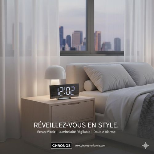 Réveil Numérique LED Incurvé - Effet Miroir - Température & Snooze