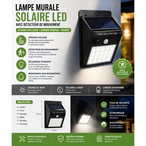 Lampe Murale Solaire LED avec Détecteur de Mouvement – 16 LED – IP65