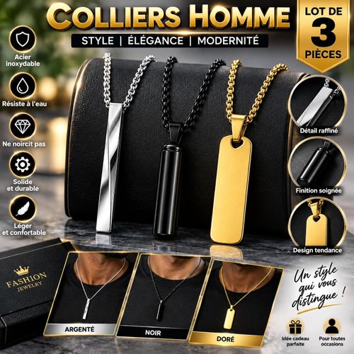 Lot de 3 Colliers Homme en Acier Inoxydable – Argenté, Noir et Doré – Pendentifs Tendance