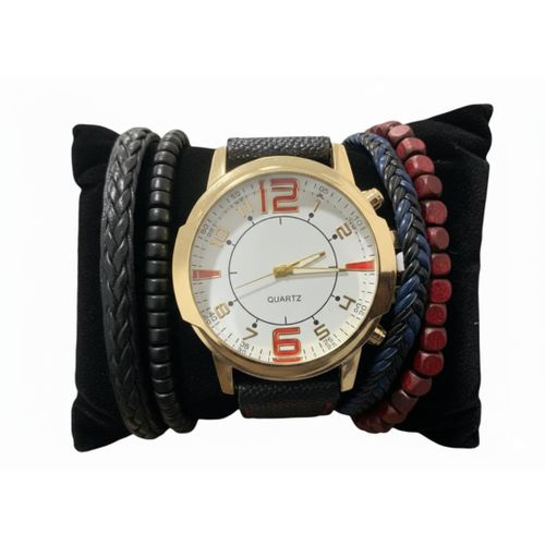 Coffret Homme Tendance - Montre Dorée & Bracelets Mix - Noir