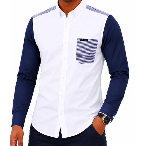 Chemise Homme à Manches Longues Élégante - Blanc et Bleu Marine