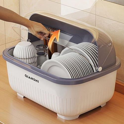 Égouttoir de Cuisine Épais Anti-Poussière 1pc - Armoire Plastique Gain de Place avec Système d'Égouttage, Résistant aux Insectes, pour Stockage d'Assiettes, Bols & Ustensiles, Blanc & Gris