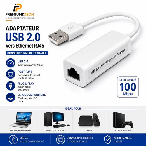 Adaptateur USB 2.0 vers Ethernet RJ45 - Carte Réseau Externe LAN Fast Ethernet 100 Mbps Pour PC, TV Box et Console - Blanc