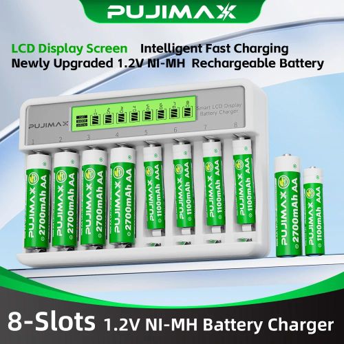 Chargeur de batterie intelligent rapide avec écran LCD à 8 emplacements et interface Type-C, compatible avec les batteries rechargeables NiMH, NiCd, AA et AAA de 1,2 V.