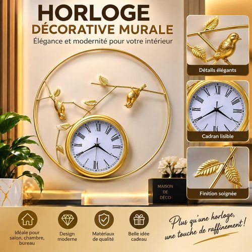Horloge Murale Design Luxe Doré avec Oiseaux Décoratifs