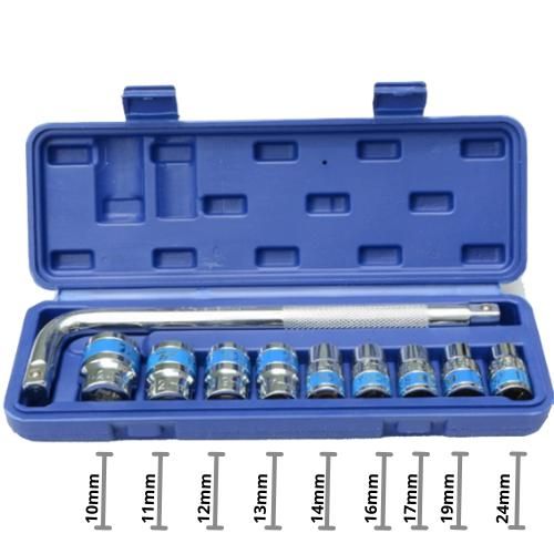 Coffret Jeu de Douilles Métriques 10 Pièces – Clé en L Haute Résistance et 9 Douilles Courantes de 10 à 24 mm – Kit de Secours et Entretien pour Voiture, Moto et Bricolage d'Atelier