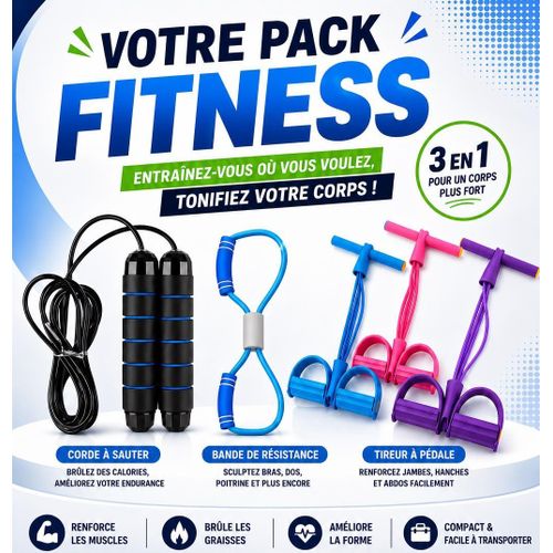 Kit Fitness 3 en 1 ,pack fitness corde à sauter, bande de résistance, tireur à pedale