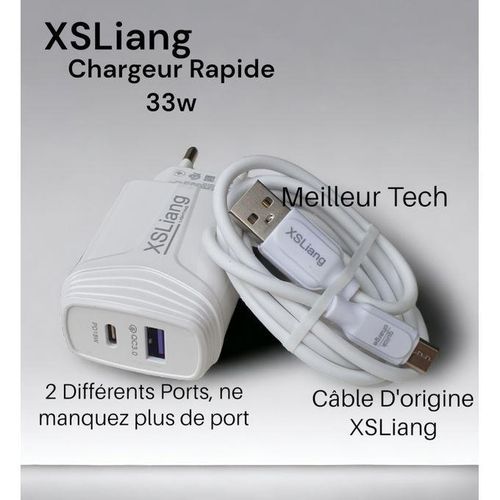 XSLiang Chargeur 33w Plus Rapide Type-C 2 Ports - Compatible Samsung Xiaomi Iphone Huawei Tecno Infinix Etc
