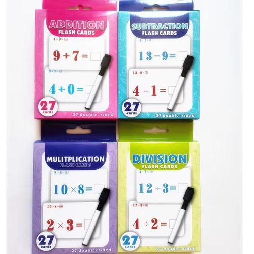 Nom de l’article* *Pack de 4 Boîtes de Cartes Flash Mathématiques Effaçables - 108 Cartes* Addition, Soustraction, Multiplication, Division