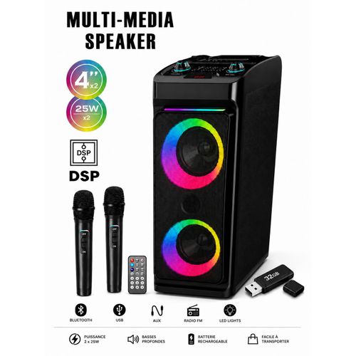 Enceinte Bluetooth Multimédia avec 2 Micros + Clé USB 32 Go offerte