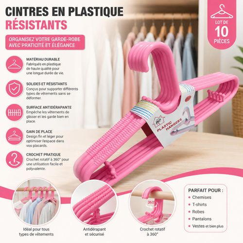 Lot de 10 Cintres en Plastique Résistants Antidérapants avec Crochet Rotatif 360° – Rose
