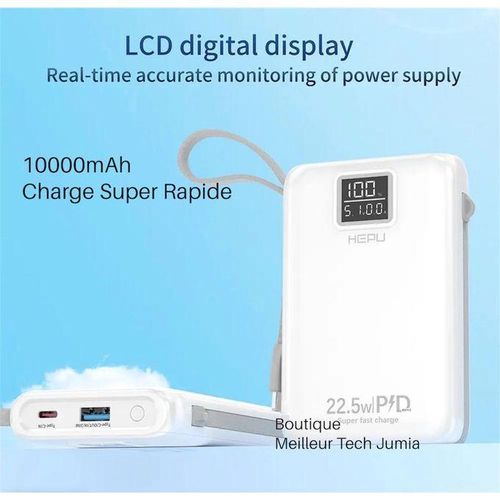 Premium Hepu Power Bank 10000mAh Hp-A01 Blanc - 22w Charge Super Rapide Affiche Vitesse - Bonne Qualité BG