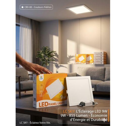 Pack de 3 Panneaux LED Encastrables Carrés - LCSKY - 9W - 855 Lumens - Ultra-Plat - Économie d'Énergie