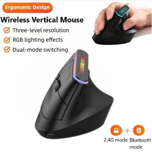 Souris verticale sans fil Bluetooth 2,4 GHz rechargeable / Souris de jeu avec poignées latérales personnalisées, ergonomique et silencieuse pour PC de jeu