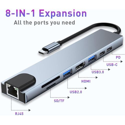 Station d'accueil 8 en 1 de type C, hub USB, adaptateur réseau type C vers HDMI