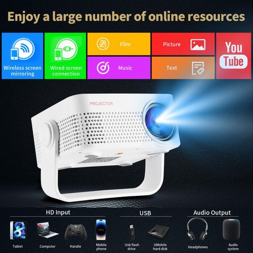 Projecteur haute définition et portable, à la mode pour le travail et la vie, home cinéma, correction trapézoïdale verticale, connexion sans fil avec smartphone et ordinateur, intégré avec Youtube