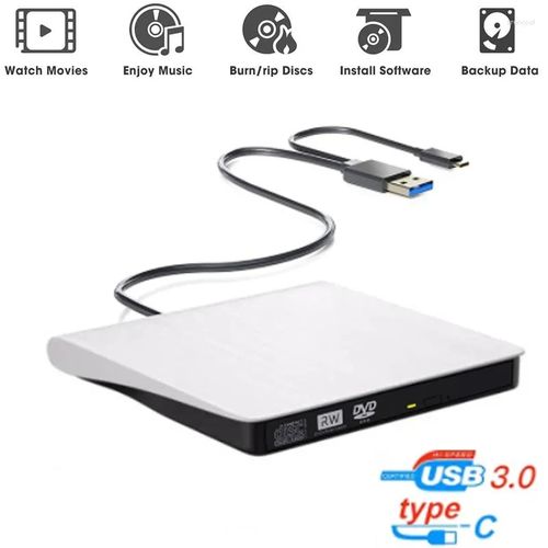 Lecteur De DVD Externe, Graveur De DVD/VCD/disque Optique-RW, Double Interface Type-c+USB3.0-Blanc