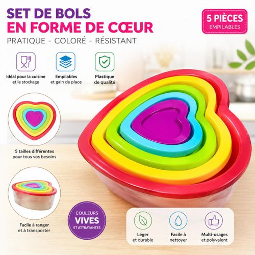 Lot de 5 Bols en Forme de Cœur Empilables - Multicolores - Plastique Résistant