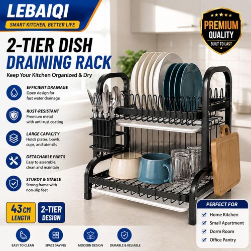 Grand égouttoir à vaisselle à 2 niveaux pour plan de travail de cuisine, avec porte-ustensiles, porte-planche à découper et plateau d'égouttage