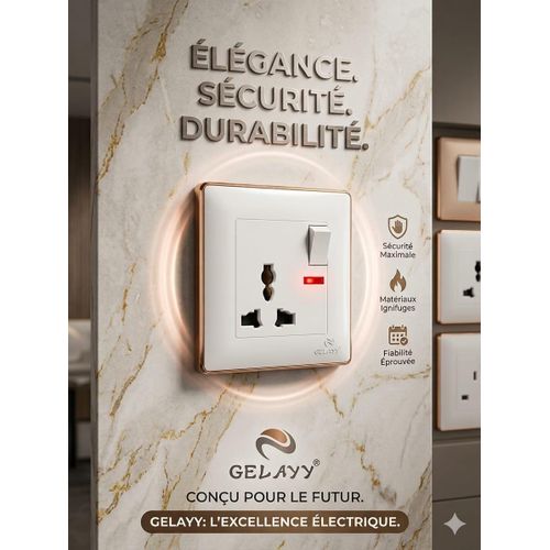 Pack de 5 Prise Murale Universelle GELAYY – Bordure Dorée – Avec Interrupteur Intégré et Indicateur LED – 13A 250V