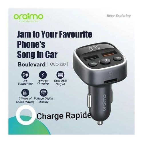Oraimo Boulevard OCC-32D Chargeur Voiture 18W - Transmetteur FM MP3 - Appel Bluetooth Musique NB BBB