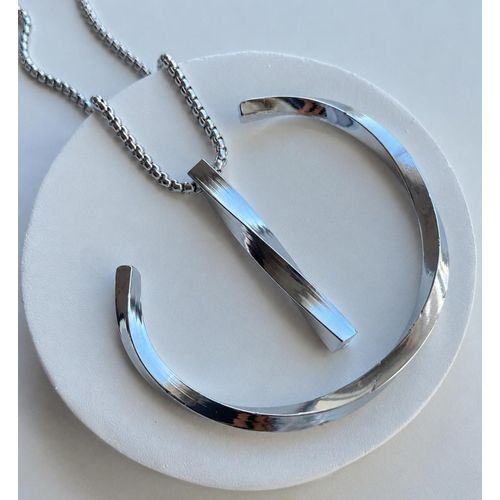 Ensemble Collier & Bracelet Jonc Homme en Acier Inoxydable Argent – Design Minimaliste Élégant – Résistant à l'Eau