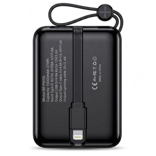 PREMUIN RECRSI Power Bank 10000mAh RE-PB055 Noir - 22w Charge Rapide - Écran Digital LED - 2 Câbles Intégrés Type-C & iPhone - Ultra Compact BG