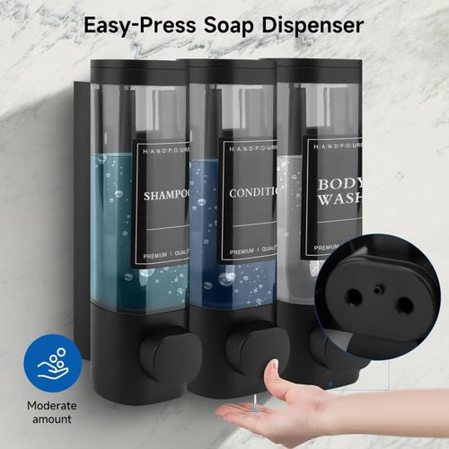Distributeur de savon liquide mural, distributeur de gel douche, distributeur de shampooing et après-shampooing 3-en-1 - Noir