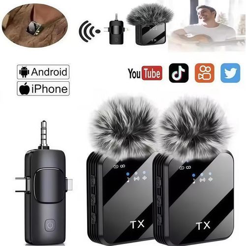 Microphone sans fil 3 en 1/Micro à réduction de bruit pour iPhone, Android, reflex numérique et iPad, portée de 20 m, micro-cravate portable pour l'enregistrement et le streaming vidéo sur YouTube
