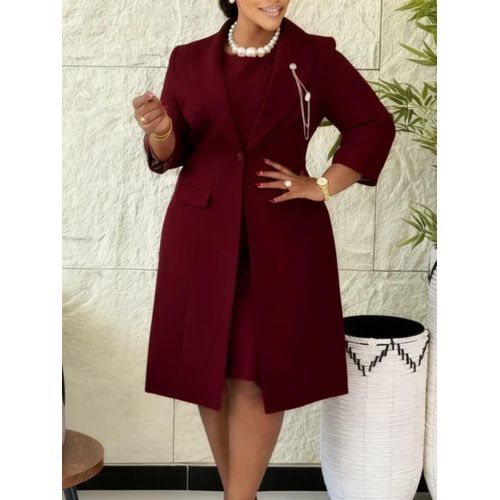 Ensemble Femme Élégant 2 Pièces – Robe et Longue Veste Blazer ROUGE BORDEAUX