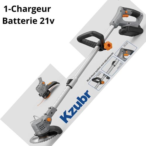 Débroussailleuse sans fil Kzubr 21V - Coupe-Bordure Télescopique à Batterie - Inclus Chargeur et Batterie Li-ion - Tête Multi-Accessoires (Lame Acier & Fil) - Ultra Légère et Silencieuse
