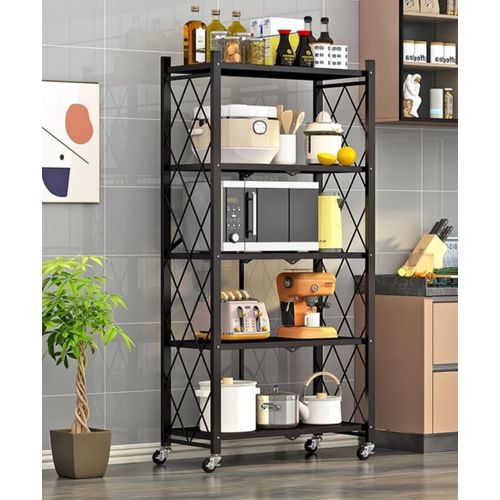 Étagère de Rangement Pliable en Métal à 5 Niveaux – Sur Roulettes, Sans Montage, Robuste & Gain de Place