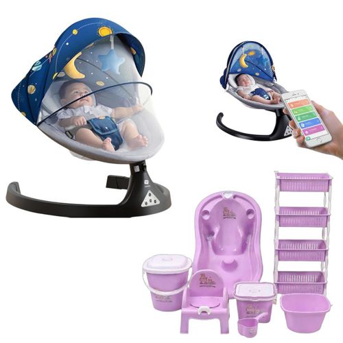 PACK BÉBÉ COMPLET - Balançoire Connectée + Set Bain 8 Pièces Violet*
