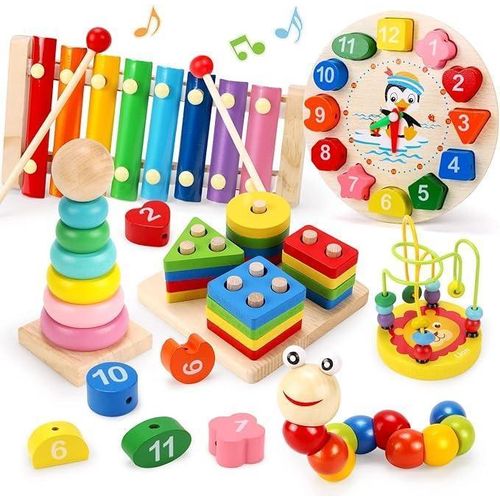 Ensemble de 6 jouets éducatifs pour la petite enfance (piano + horloge + tour arc-en-ciel + chenille + labyrinthe de perles + tangram)