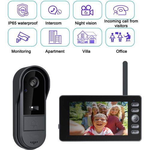 Sonnette sans fil 1080p avec caméra et écran 4,3 pouces, interphone vidéo extérieur, étanche, sans Wi-Fi, connexion Bluetooth